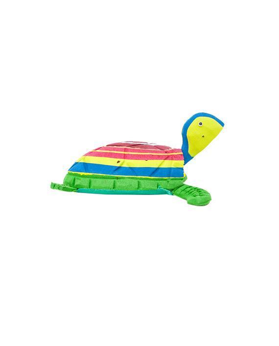Hand-carved multicolored turtle sculpture made of upcycled flip flops by Ocean Sole.
