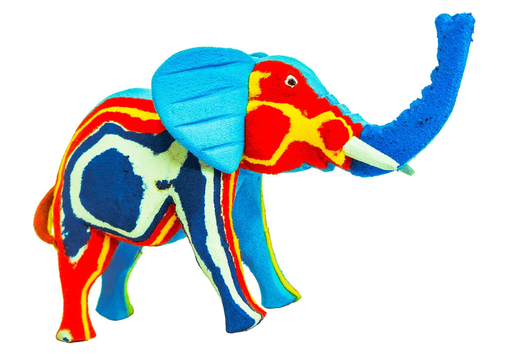 Hand-carved multicolored elephant sculpture made of upcycled flip flops by Ocean Sole.