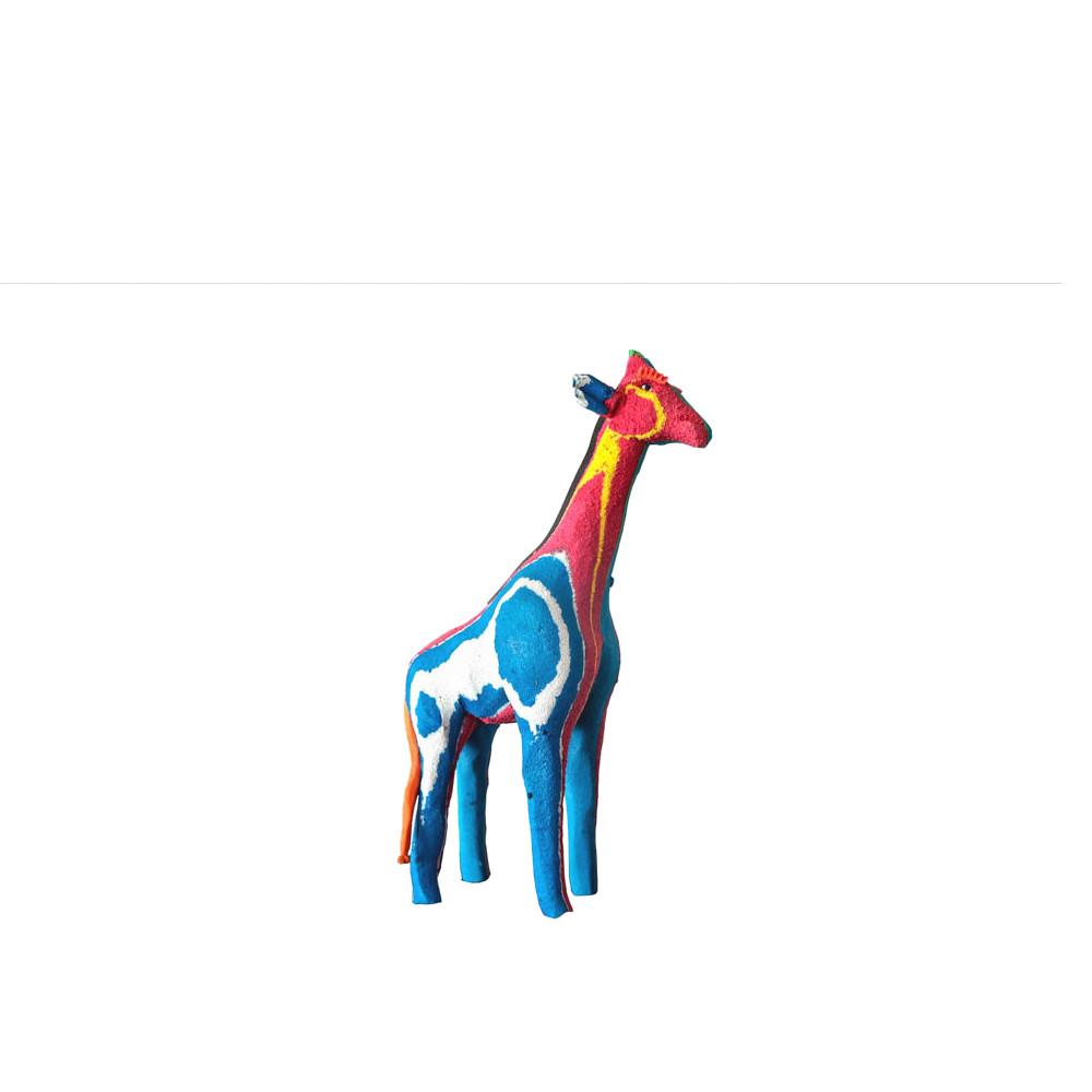 Hand-carved multicolored giraffe sculpture made of upcycled flip flops by Ocean Sole.