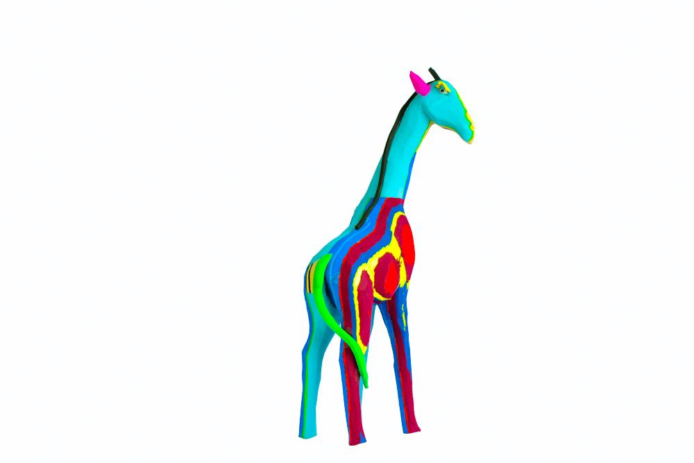 Hand-carved multicolored giraffe sculpture made of upcycled flip flops by Ocean Sole.