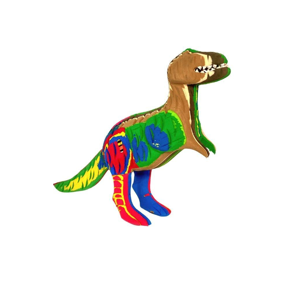 Hand-carved multicolored T-Rex sculpture made of upcycled flip flops by Ocean Sole.