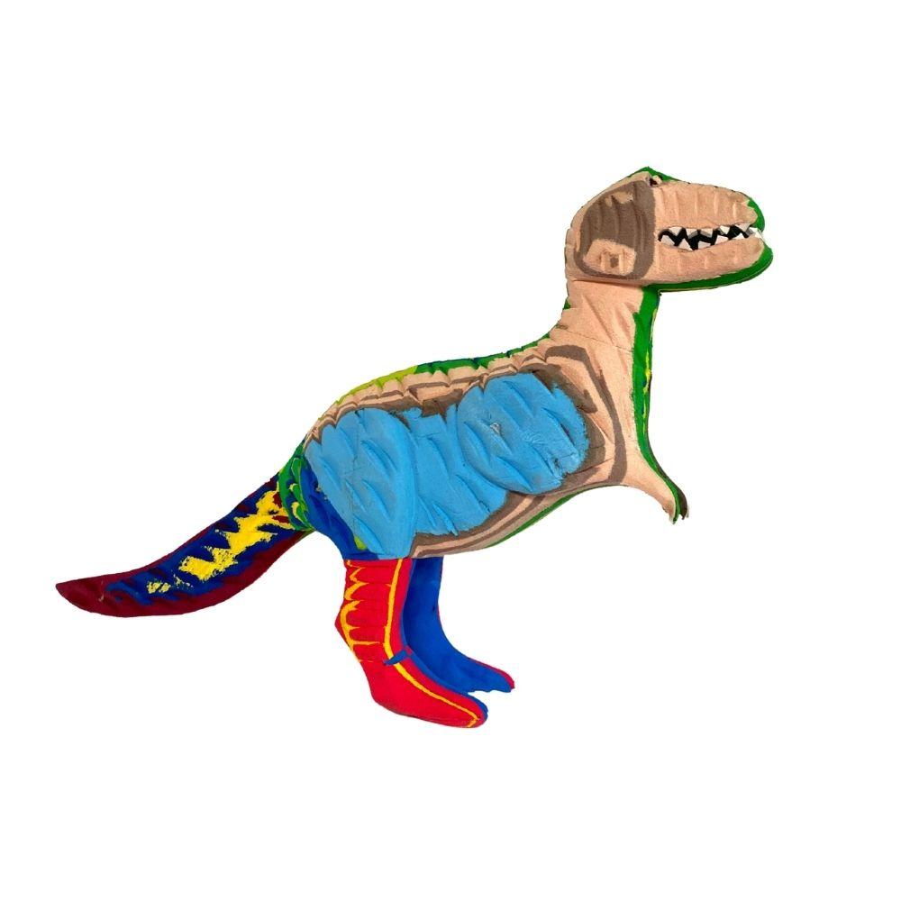 Hand-carved multicolored T-Rex sculpture made of upcycled flip flops by Ocean Sole.
