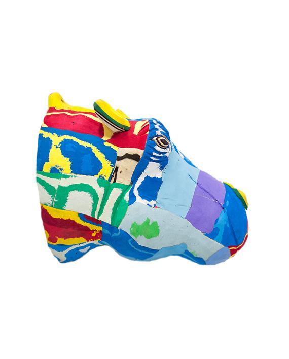 Hand-carved multicolored hippo wall art sculpture made of upcycled flip flops by Ocean Sole designed to hang on your wall.