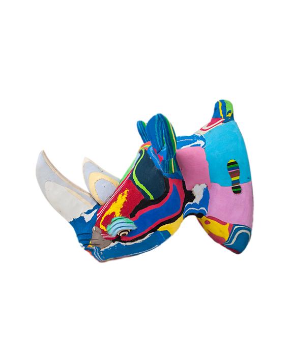 Hand-carved multicolored rhino wall art sculpture made of upcycled flip flops by Ocean Sole designed to hang on your wall.