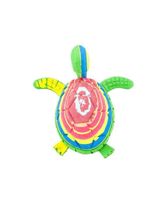 Hand-carved multicolored turtle sculpture made of upcycled flip flops by Ocean Sole.