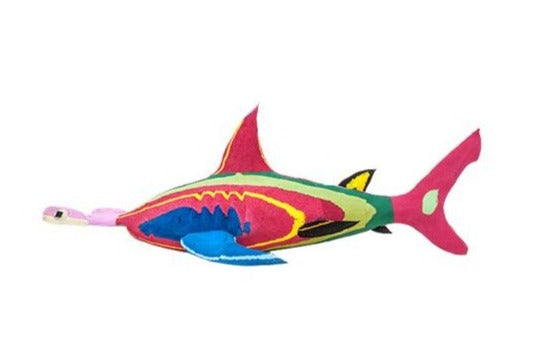 Hand-carved multicolored hammerhead shark sculpture made of upcycled flip flops by Ocean Sole.