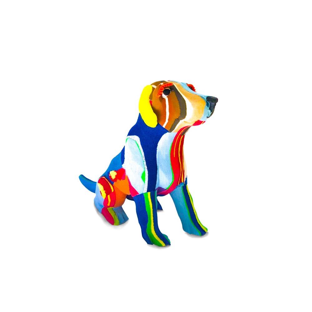 Hand-carved multicolored sitting lab dog sculpture made of upcycled flip flops by Ocean Sole.