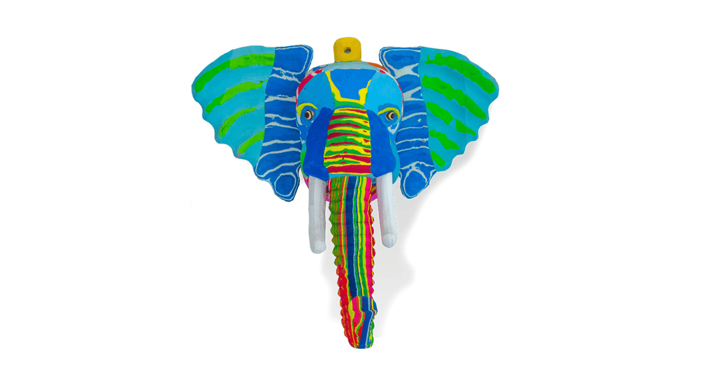 Hand-carved multicolored elephant wall art sculpture made of upcycled flip flops by Ocean Sole designed to hang on your wall.