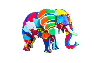 Hand-carved multicolored elephant sculpture made of upcycled flip flops by Ocean Sole.