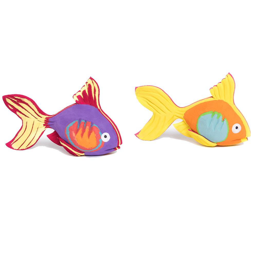 Two hand-carved multicolored reef fish sculpture made of upcycled flip flops by Ocean Sole.