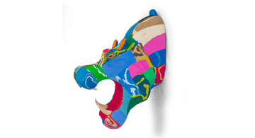 Hand-carved multicolored hippo wall art sculpture made of upcycled flip flops by Ocean Sole designed to hang on your wall.