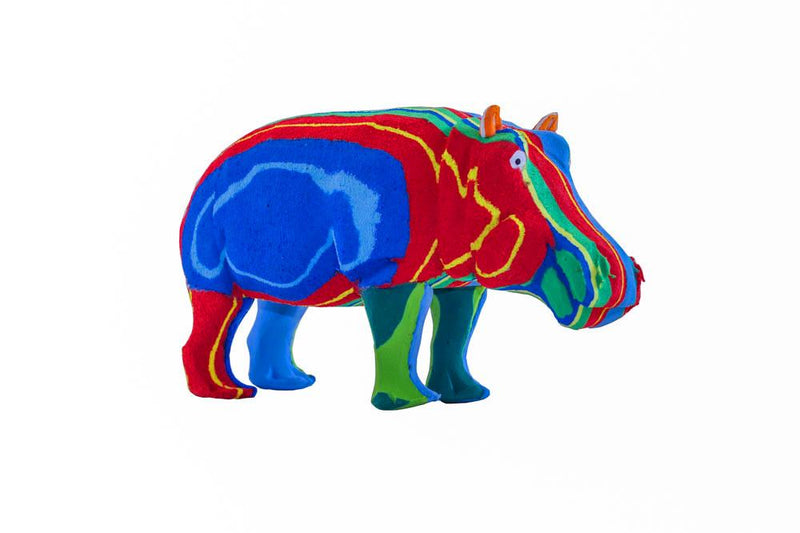 Hand-carved multicolored hippo sculpture made of upcycled flip flops by Ocean Sole.
