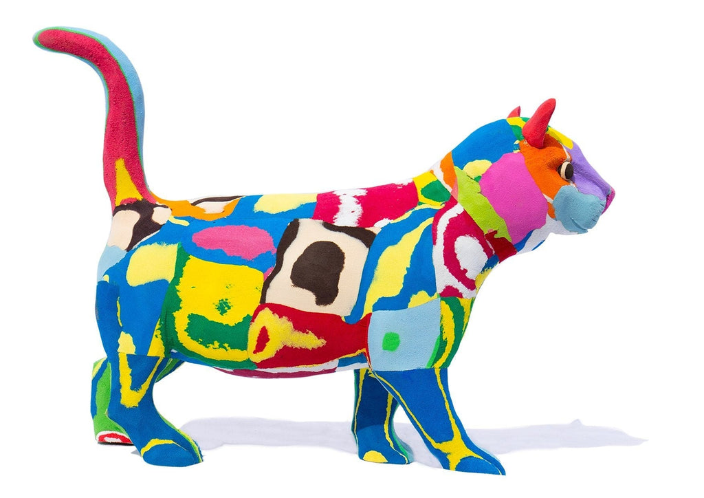 Hand-carved multicolored standing cat sculpture made of upcycled flip flops by Ocean Sole.