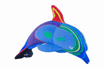 Hand-carved multicolored dolphin sculpture made of upcycled flip flops by Ocean Sole.