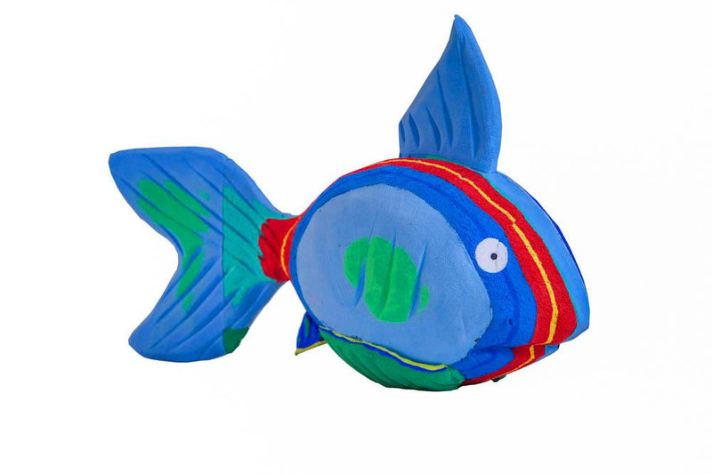 Hand-carved multicolored reef fish sculpture made of upcycled flip flops by Ocean Sole.