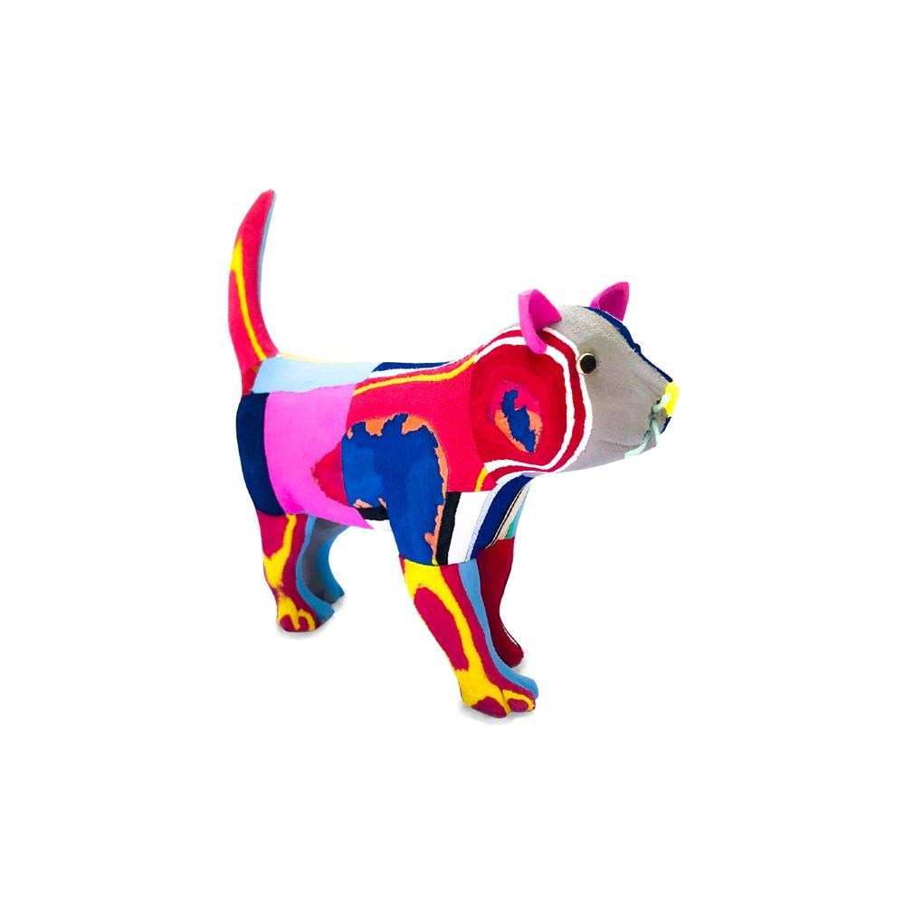 Hand-carved multicolored standing cat sculpture made of upcycled flip flops by Ocean Sole.