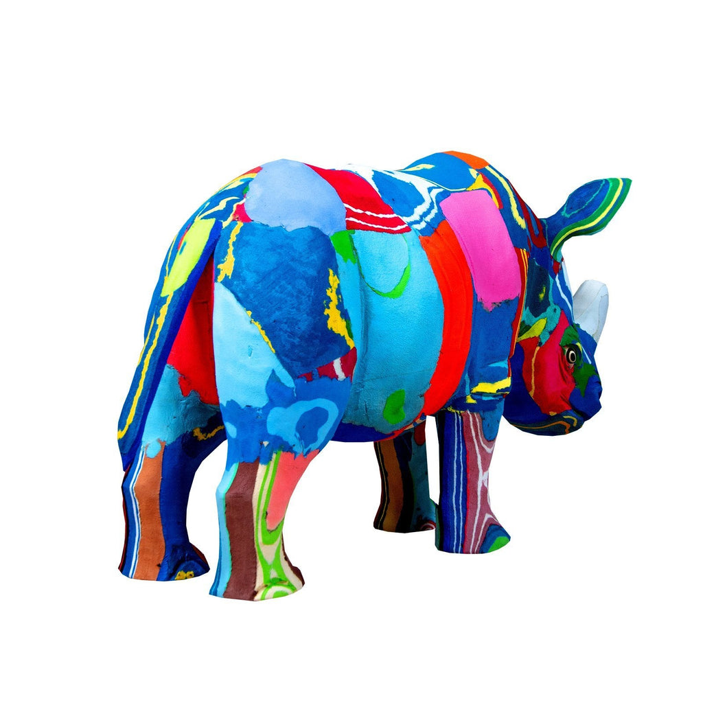Large hand-carved multicolored Sudan Rhino sculpture made of upcycled flip flops by Ocean Sole.