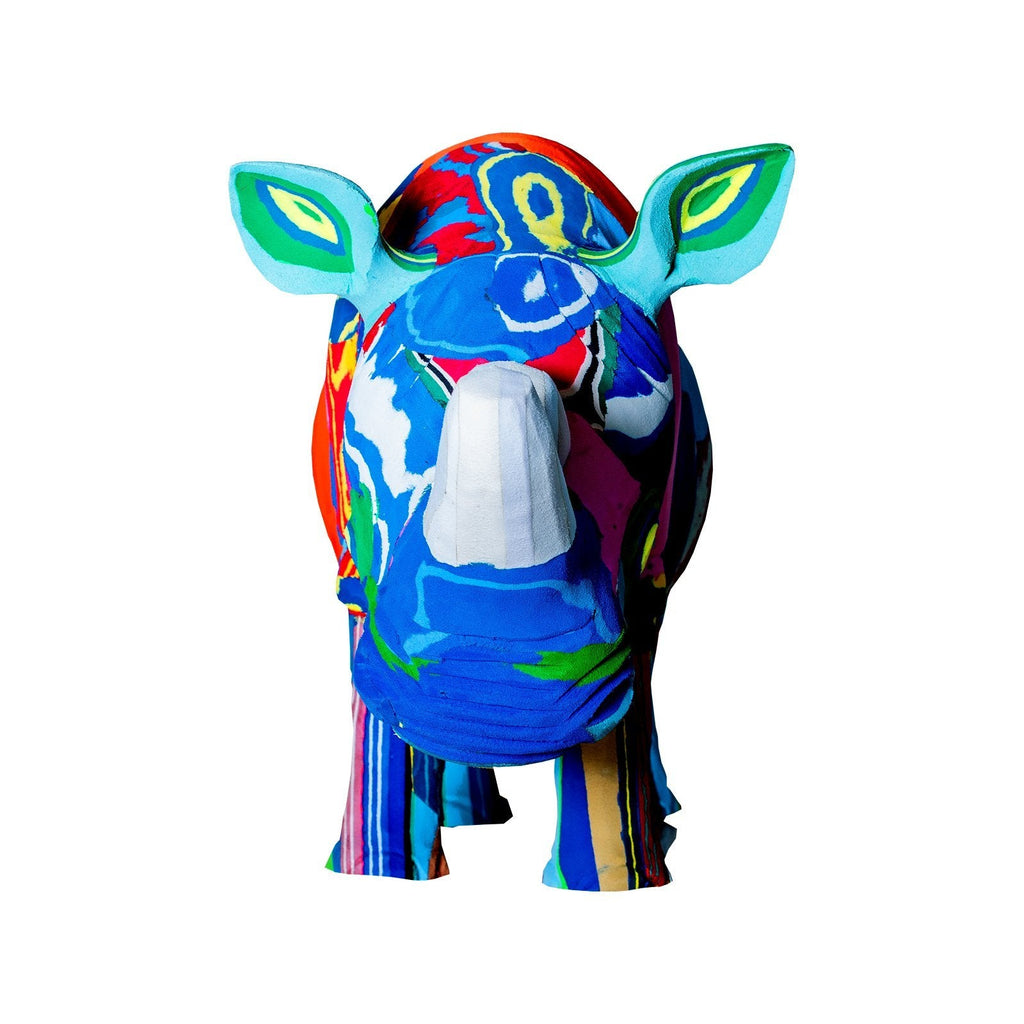 Large hand-carved multicolored Sudan Rhino sculpture made of upcycled flip flops by Ocean Sole.