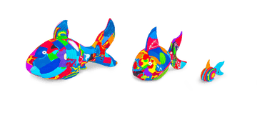 Three hand-carved multicolored reef fish sculptures made of upcycled flip flops by Ocean Sole lined up in size comparison.