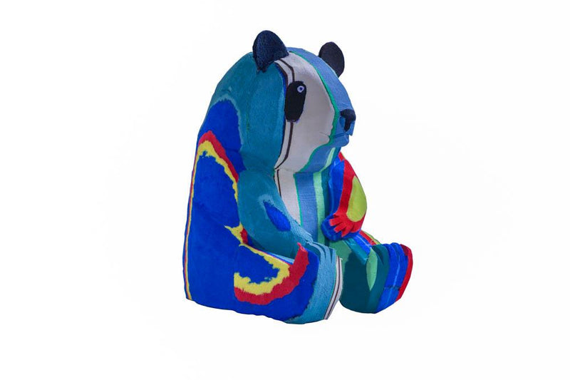 Hand-carved multicolored panda sculpture made of upcycled flip flops by Ocean Sole.