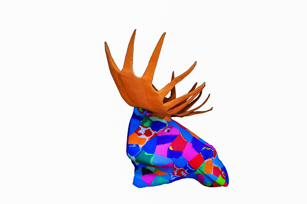Large hand-carved multicolored moose wall art sculpture made of upcycled flip flops by Ocean Sole designed to hang on your wall.