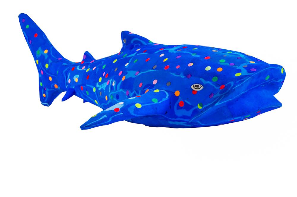 Hand-carved multicolored whale shark sculpture made of upcycled flip flops by Ocean Sole.