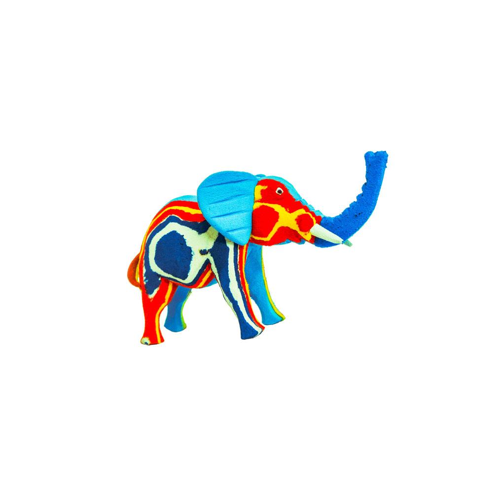 Hand-carved multicolored elephant sculpture made of upcycled flip flops by Ocean Sole.