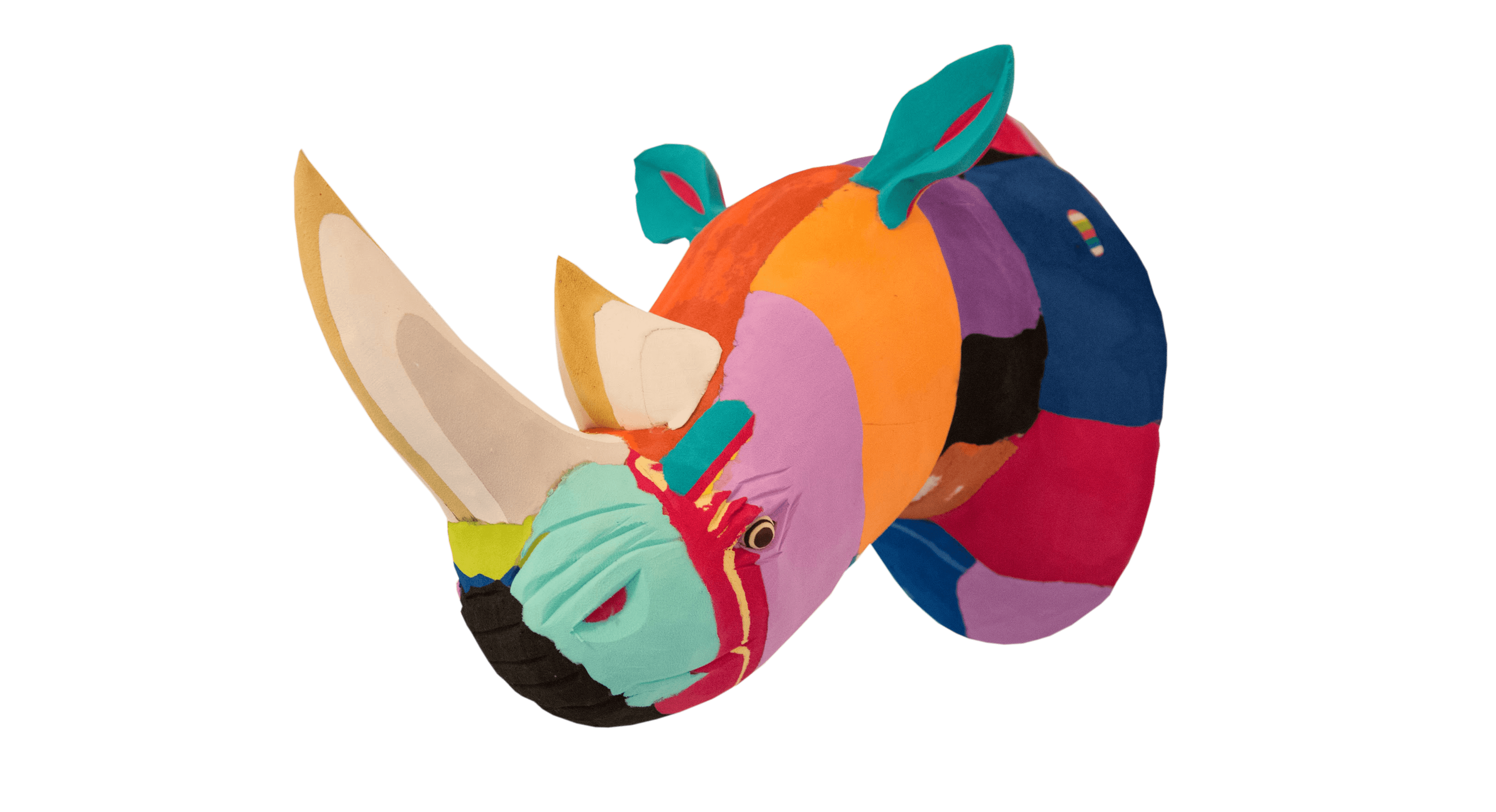 Hand-carved multicolored rhino wall art sculpture made of upcycled flip flops by Ocean Sole designed to hang on your wall.