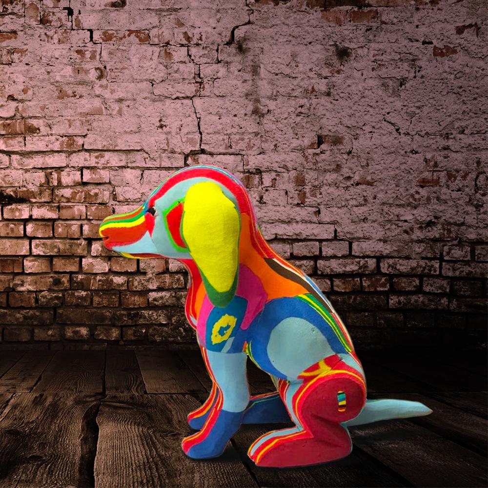 Hand-carved multicolored sitting lab dog sculpture made of upcycled flip flops by Ocean Sole.